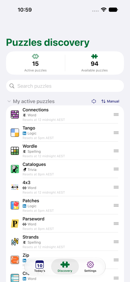 Puzzles discovery page listing active and available puzzles