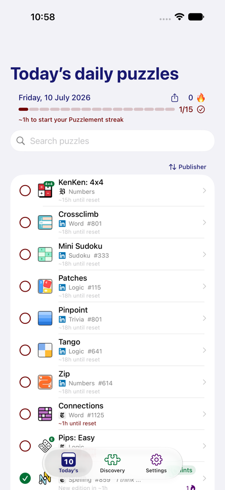 Today's daily puzzles checklist with progress bar and reset timers